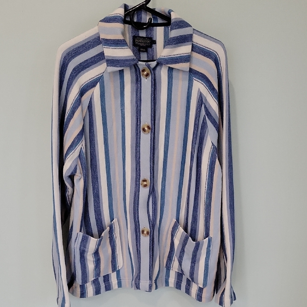 Pendleton Blue and White Striped 100% Cotton Chore Jacket Size Large - Picture 2 of 11